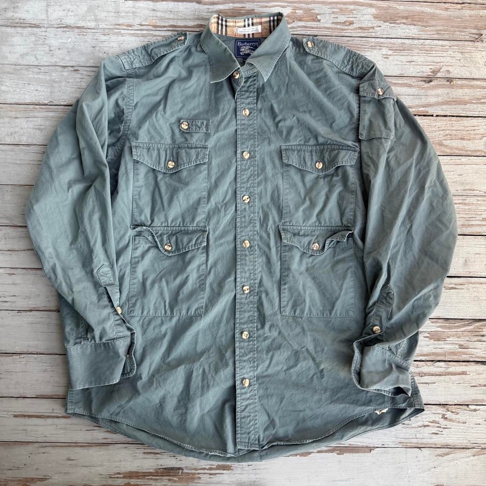 Vintage 90s Burberry Tactical Cargo Fishing Military Shirt Green Mens Large USA